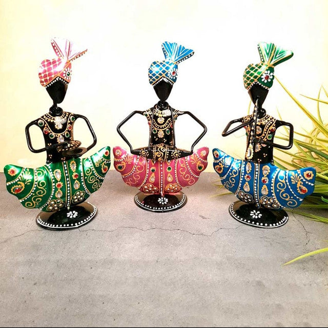 Traditional Iron Polished Pagdi Musician Showpiece | Set of 3 | 11 x 3 x 8 inches