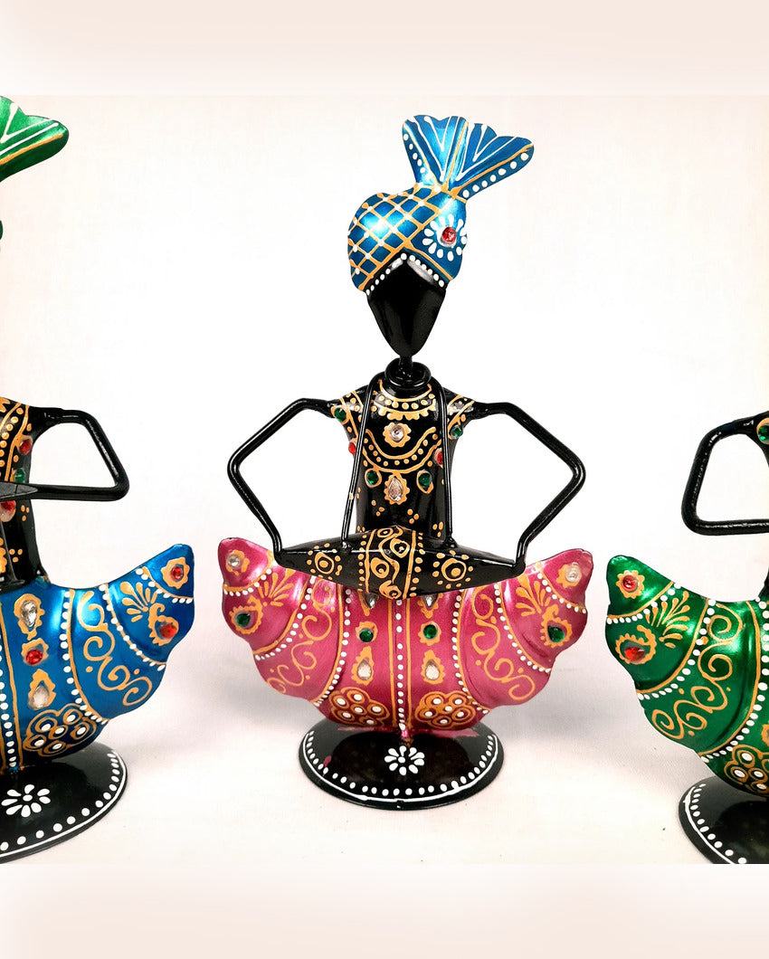 Traditional Iron Polished Pagdi Musician Showpiece | Set of 3 | 11 x 3 x 8 inches