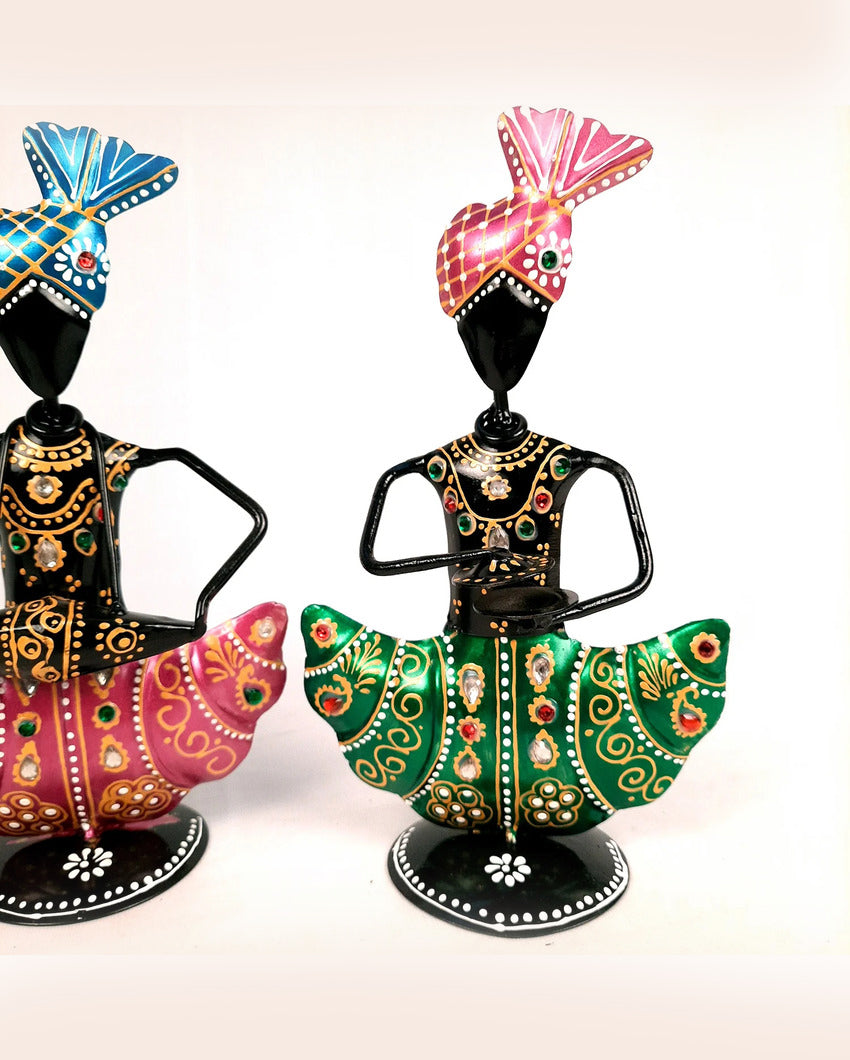 Traditional Iron Polished Pagdi Musician Showpiece | Set of 3 | 11 x 3 x 8 inches