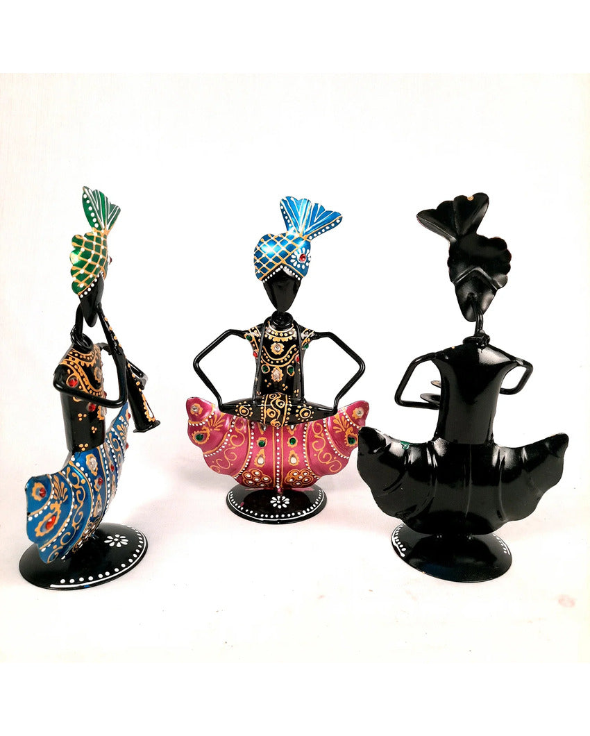 Traditional Iron Polished Pagdi Musician Showpiece | Set of 3 | 11 x 3 x 8 inches