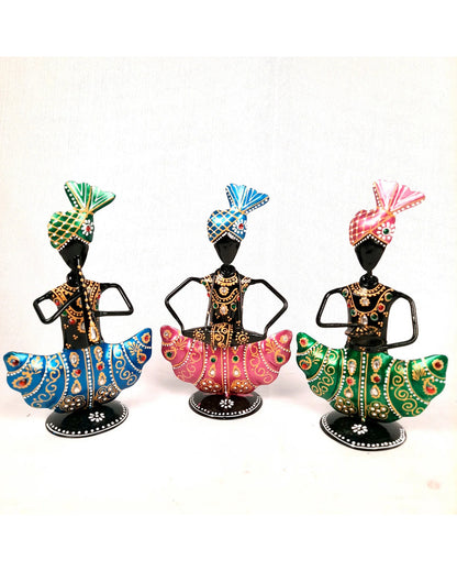 Traditional Iron Polished Pagdi Musician Showpiece | Set of 3 | 11 x 3 x 8 inches