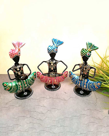 Traditional Iron Polished Pagdi Musician Showpiece | Set of 3 | 11 x 3 x 8 inches