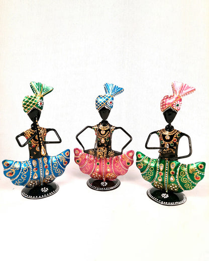 Traditional Iron Polished Pagdi Musician Showpiece | Set of 3 | 11 x 3 x 8 inches