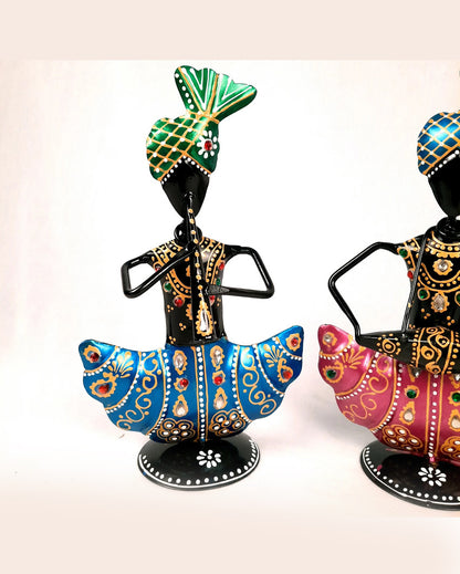 Traditional Iron Polished Pagdi Musician Showpiece | Set of 3 | 11 x 3 x 8 inches