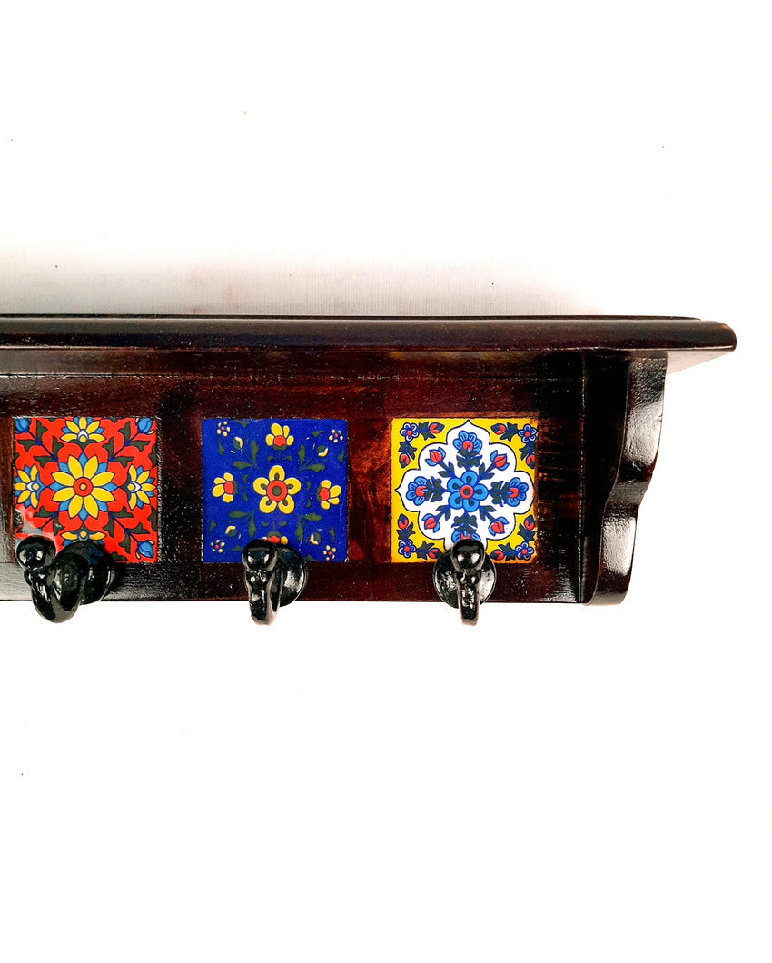 Elegant Wood Polished Key Holder Stand with Ceramic Tile Design | 15 x 3 x 4 inches