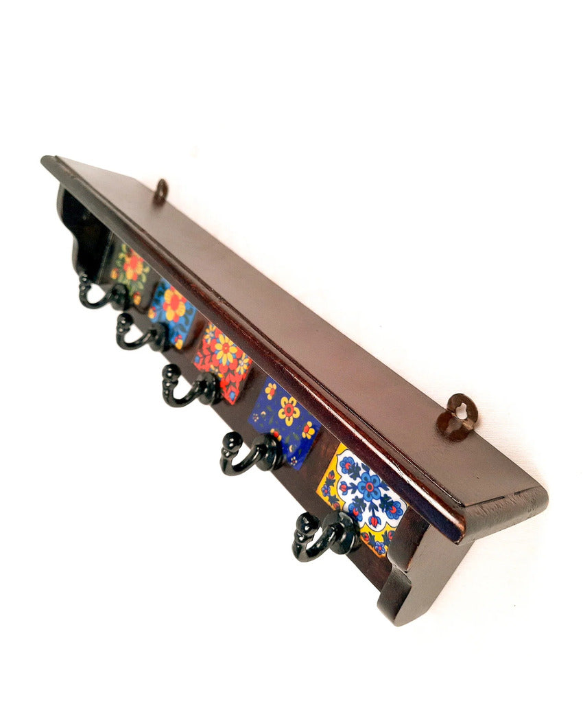 Elegant Wood Polished Key Holder Stand with Ceramic Tile Design | 15 x 3 x 4 inches