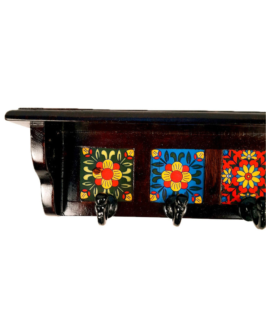 Elegant Wood Polished Key Holder Stand with Ceramic Tile Design | 15 x 3 x 4 inches