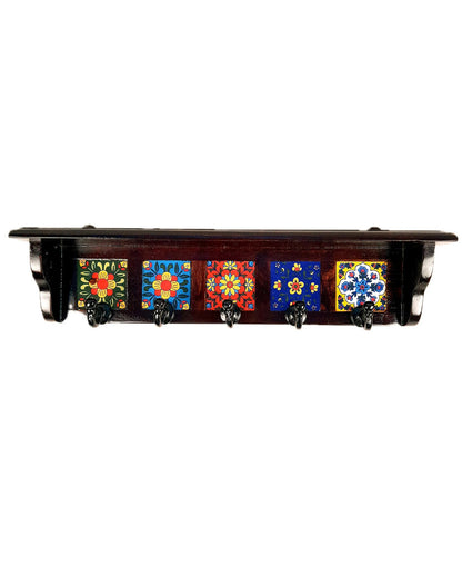 Elegant Wood Polished Key Holder Stand with Ceramic Tile Design | 15 x 3 x 4 inches