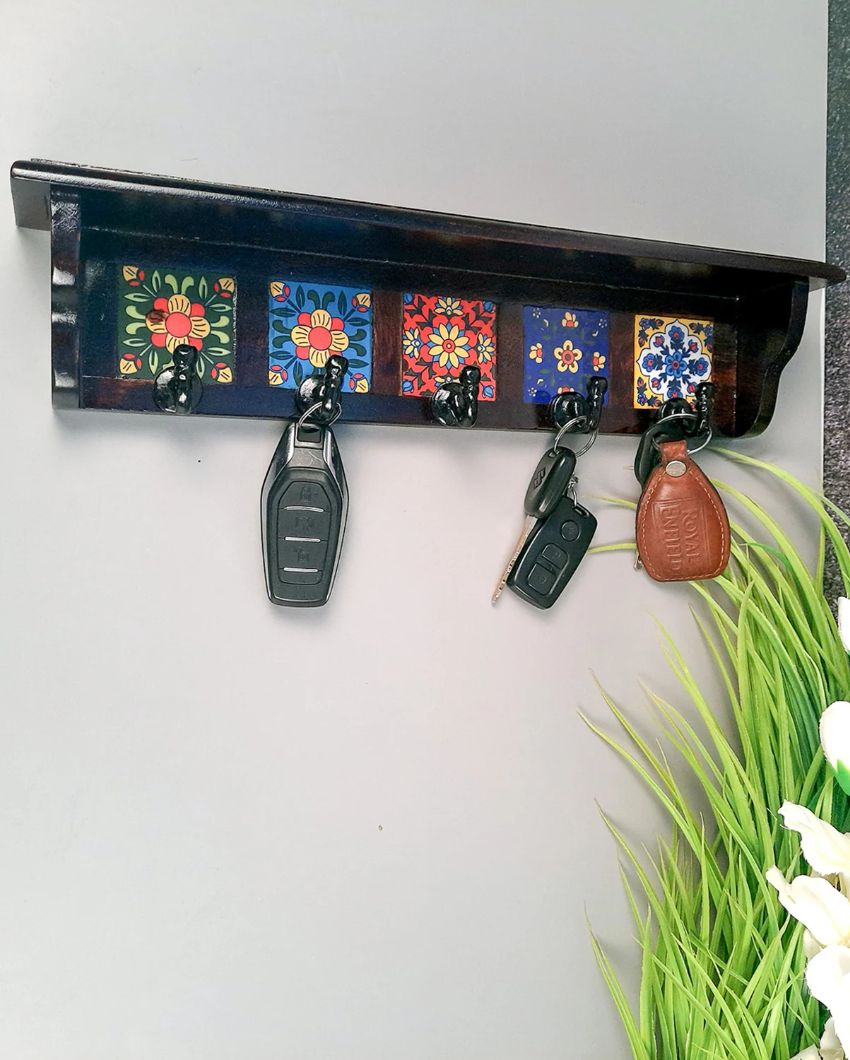 Elegant Wood Polished Key Holder Stand with Ceramic Tile Design | 15 x 3 x 4 inches