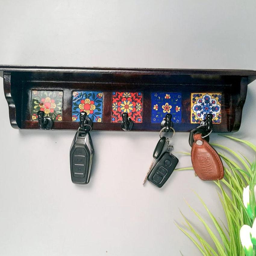 Elegant Wood Polished Key Holder Stand with Ceramic Tile Design | 15 x 3 x 4 inches