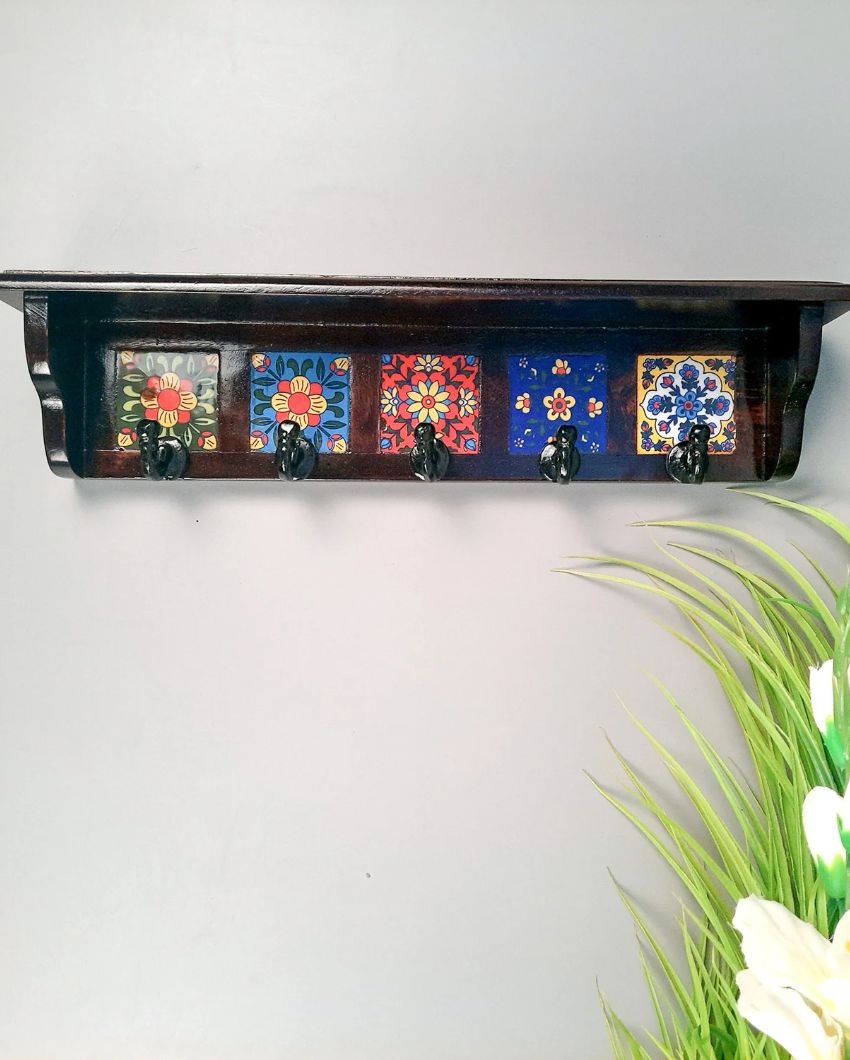 Elegant Wood Polished Key Holder Stand with Ceramic Tile Design | 15 x 3 x 4 inches