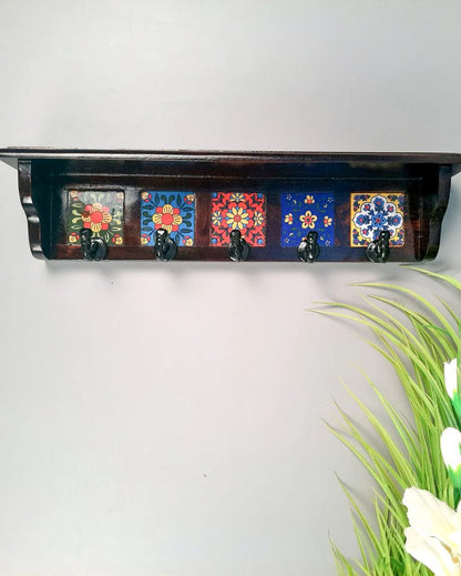 Elegant Wood Polished Key Holder Stand with Ceramic Tile Design | 15 x 3 x 4 inches