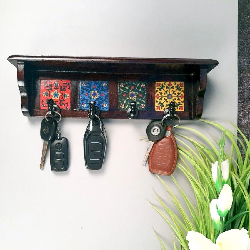 Stylish Wood Polished Key Holder Stand with Ceramic Tile Design | 12 x 3 x 4 inches