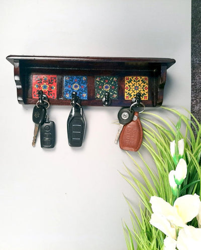 Stylish Wood Polished Key Holder Stand with Ceramic Tile Design | 12 x 3 x 4 inches