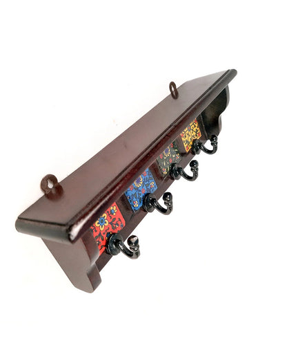 Stylish Wood Polished Key Holder Stand with Ceramic Tile Design | 12 x 3 x 4 inches