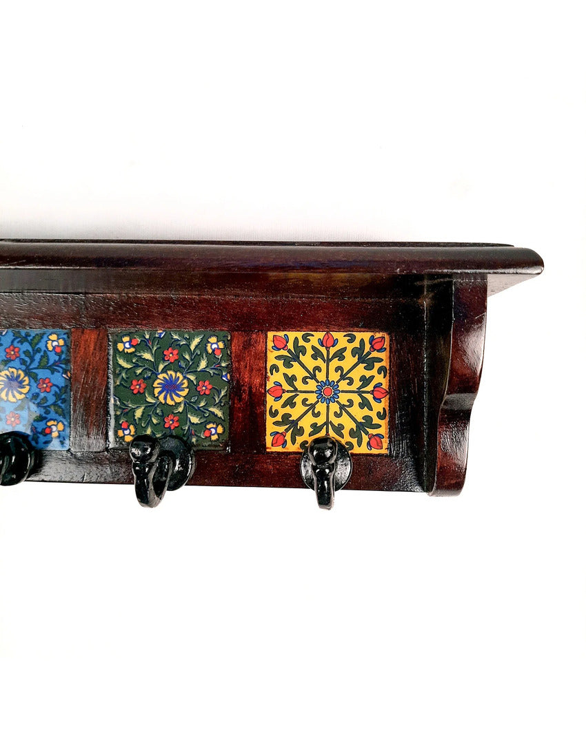 Stylish Wood Polished Key Holder Stand with Ceramic Tile Design | 12 x 3 x 4 inches