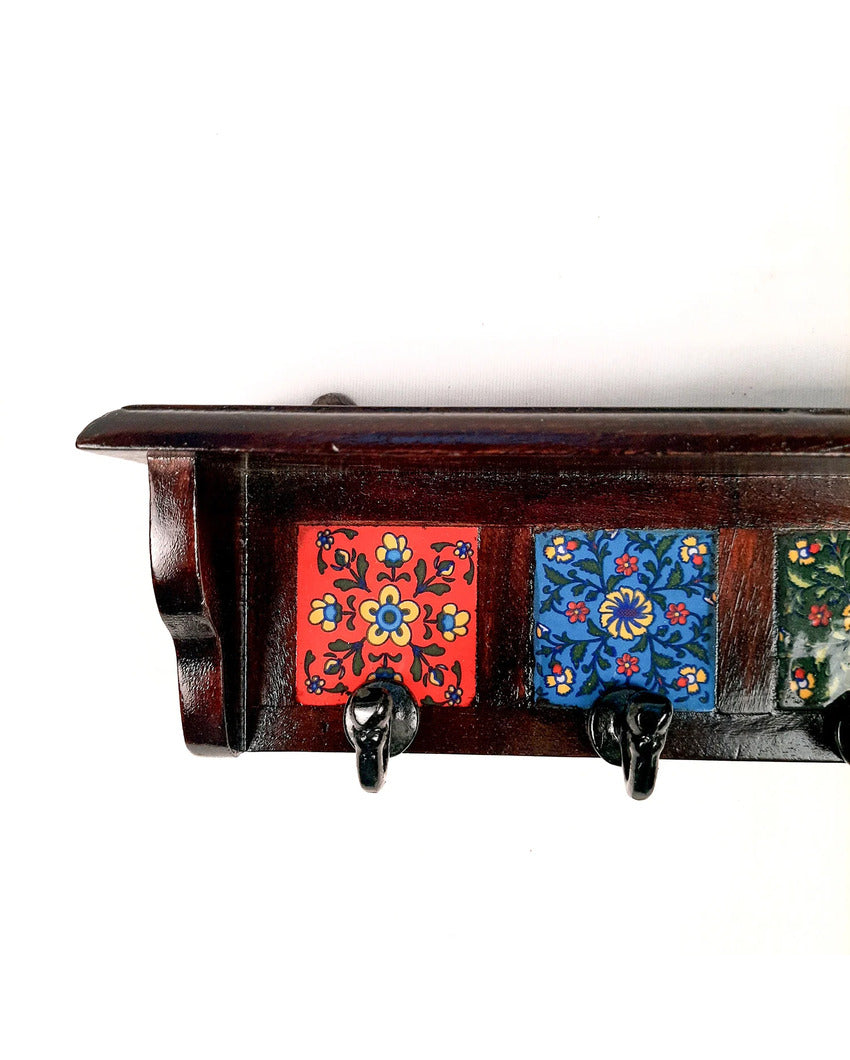 Stylish Wood Polished Key Holder Stand with Ceramic Tile Design | 12 x 3 x 4 inches