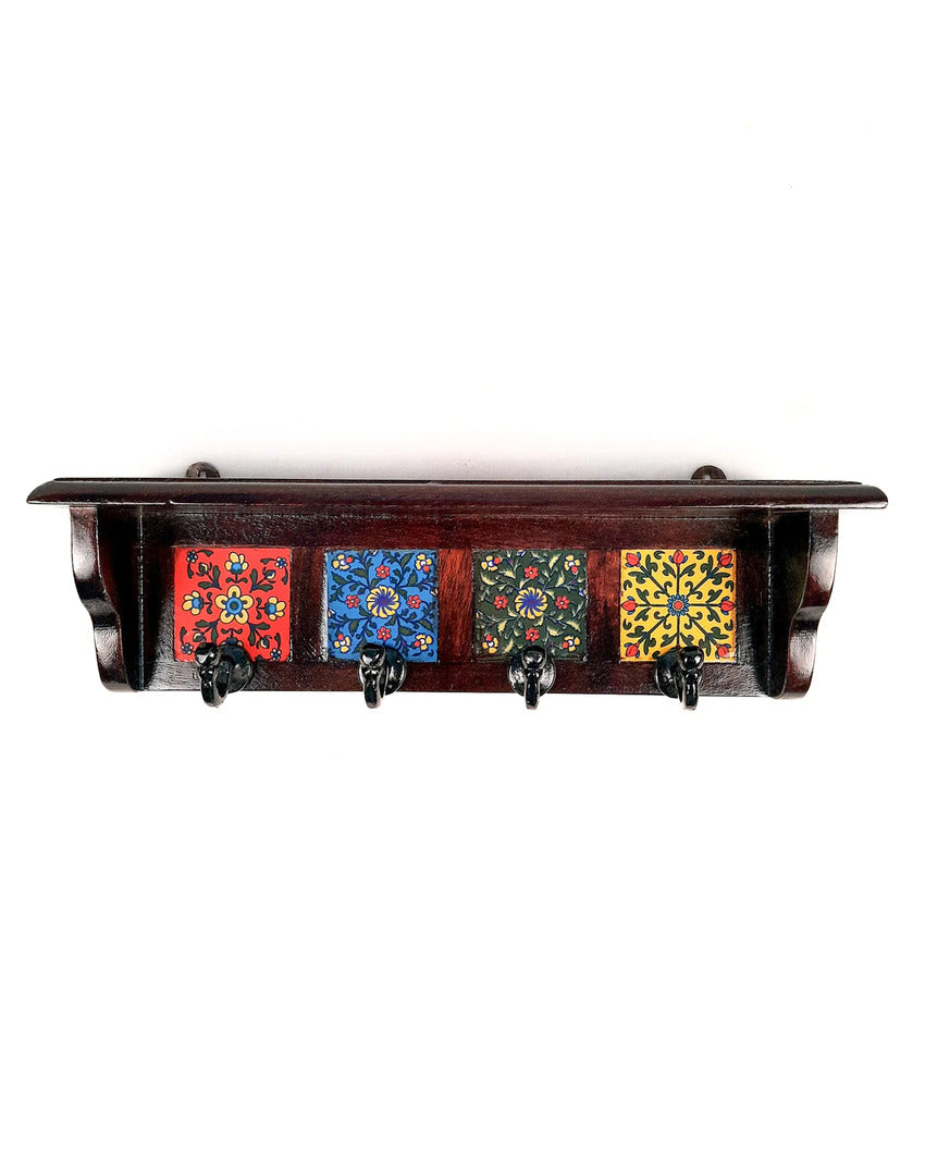 Stylish Wood Polished Key Holder Stand with Ceramic Tile Design | 12 x 3 x 4 inches