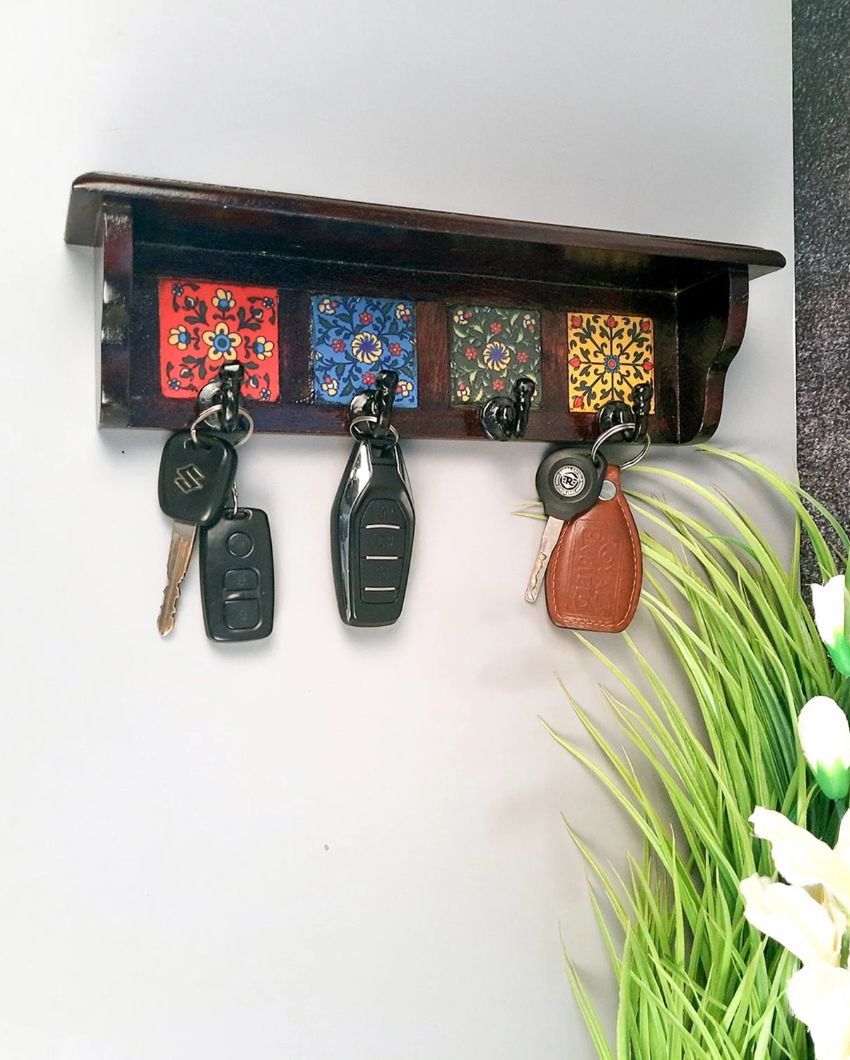 Stylish Wood Polished Key Holder Stand with Ceramic Tile Design | 12 x 3 x 4 inches