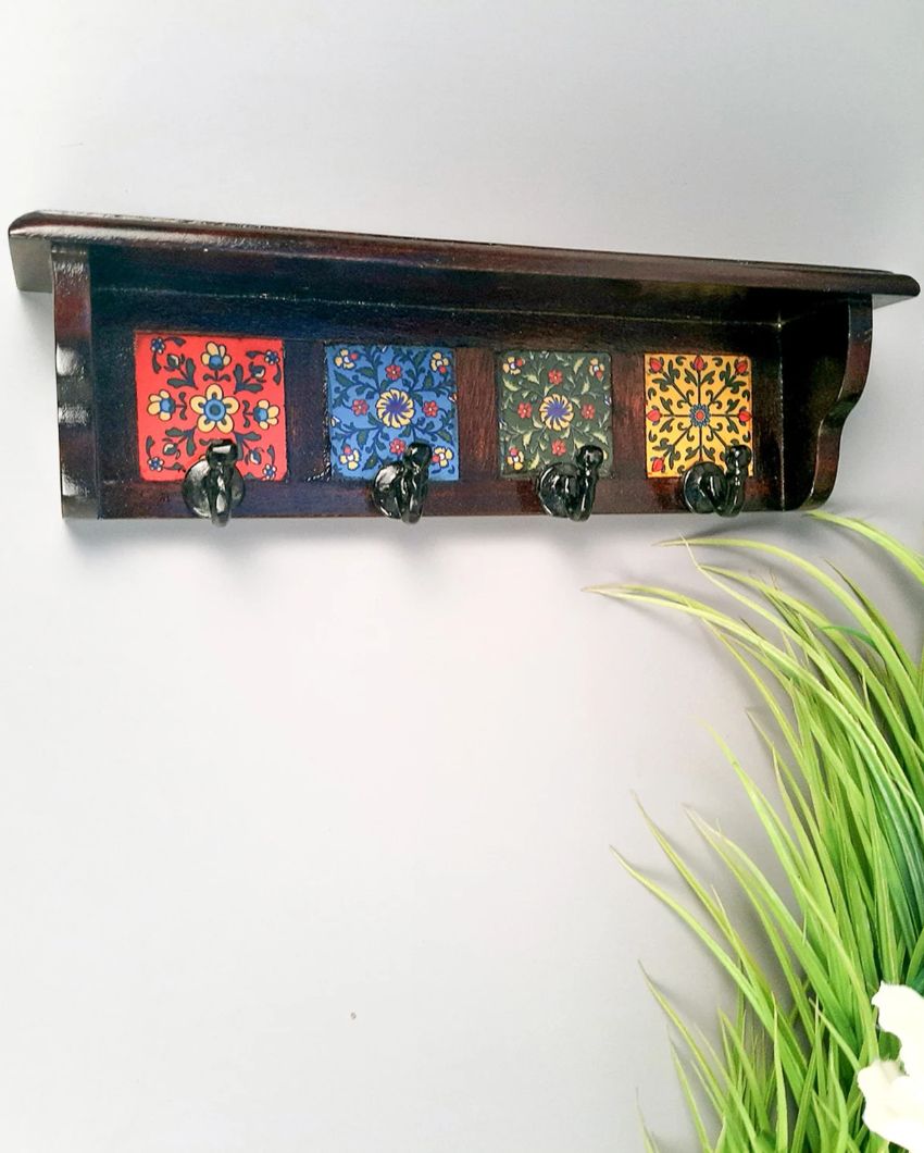 Stylish Wood Polished Key Holder Stand with Ceramic Tile Design | 12 x 3 x 4 inches