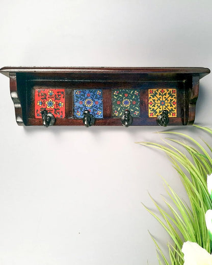 Stylish Wood Polished Key Holder Stand with Ceramic Tile Design | 12 x 3 x 4 inches