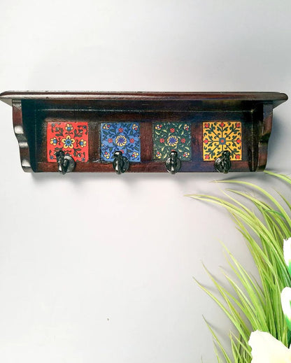 Stylish Wood Polished Key Holder Stand with Ceramic Tile Design | 12 x 3 x 4 inches