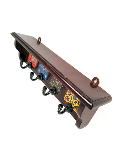 Stylish Wood Polished Key Holder Stand with Ceramic Tile Design | 12 x 3 x 4 inches