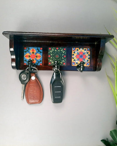 Unique Wood Polished Key Holder Stand with Ceramic Tile Design | 10 x 3 x 4 inches