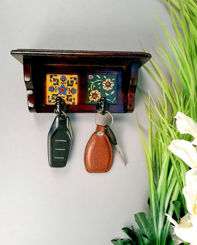 Modern Wood Polished Key Holder Stand with Ceramic Tile Design | 7 x 3 x 4 inches