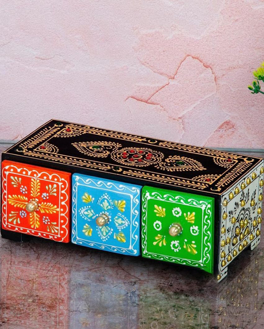 Artistic Hand Painted and Wood Polished Three Boxes Drawer | 7 x 4 x 3 inches