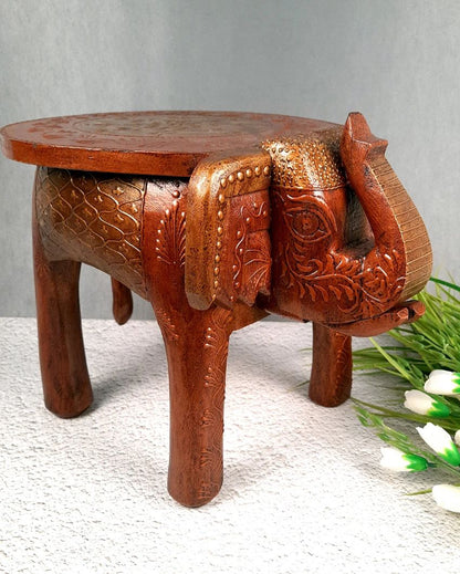 Elegant Wood Side Table Cum Stool with Elephant Design