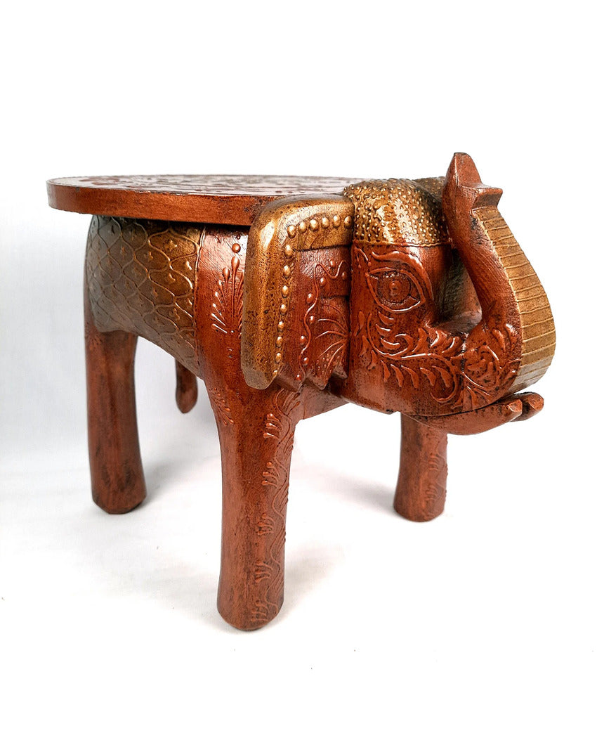 Elegant Wood Side Table Cum Stool with Elephant Design