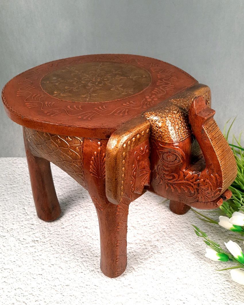 Elegant Wood Side Table Cum Stool with Elephant Design