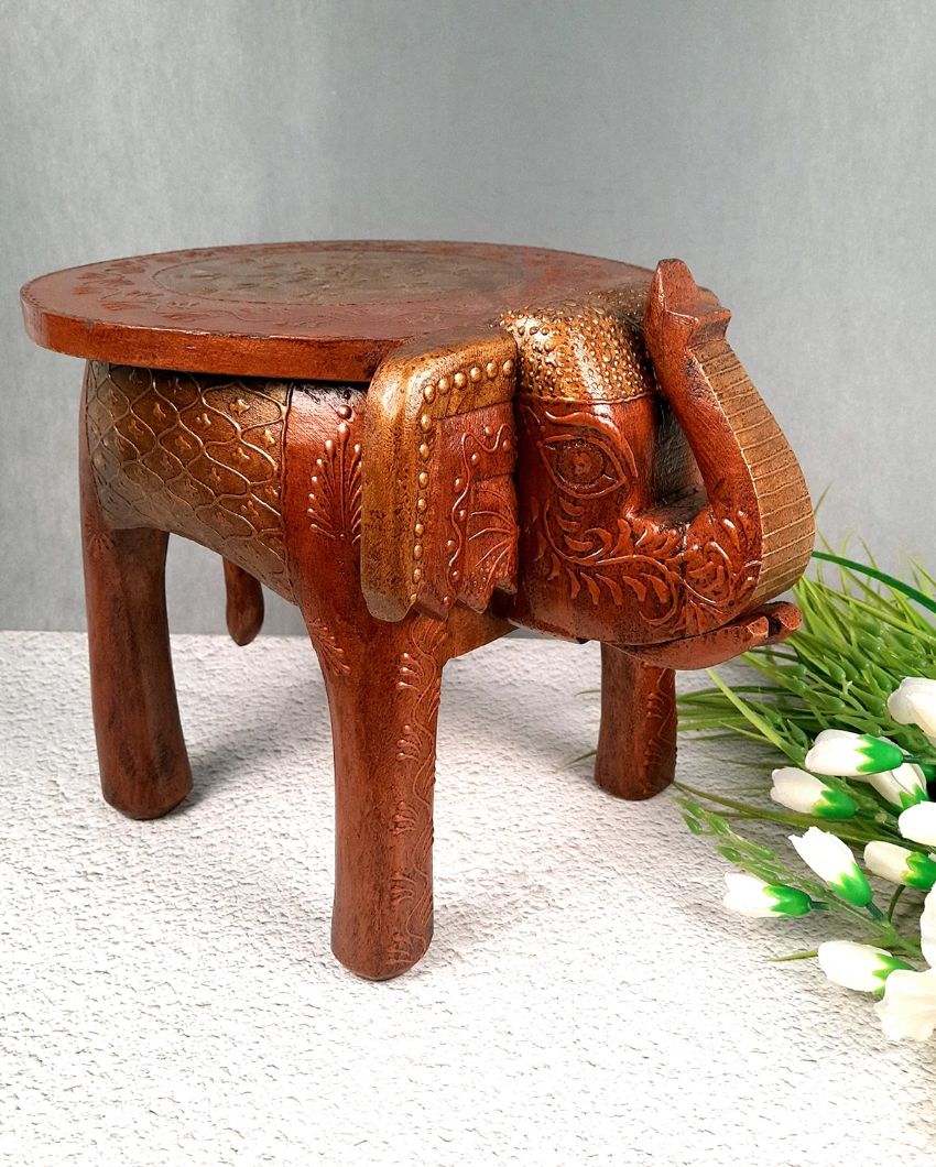 Elegant Wood Side Table Cum Stool with Elephant Design