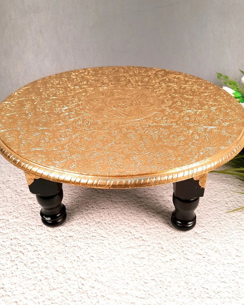 Elegant Wood Polished Round Puja Chowki Bajot