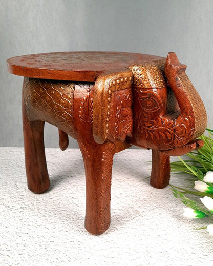 Elegant Wood Side Table Cum Stool with Elephant Design