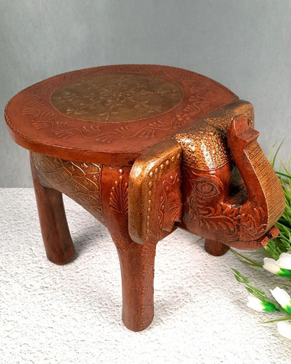 Elegant Wood Side Table Cum Stool with Elephant Design