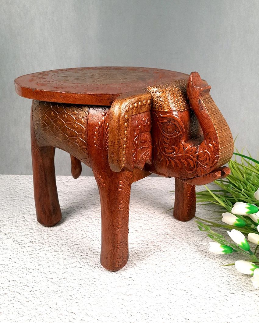 Elegant Wood Side Table Cum Stool with Elephant Design