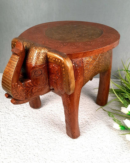 Elegant Wood Side Table Cum Stool with Elephant Design