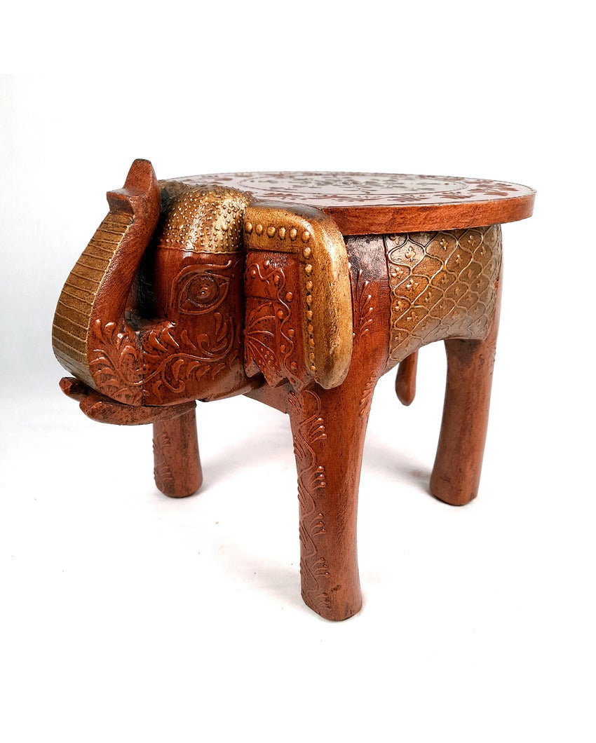 Elegant Wood Side Table Cum Stool with Elephant Design