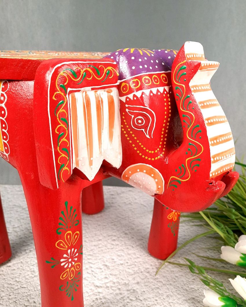 Unique Wood Polished Side Table Cum Stool with Elephant Design