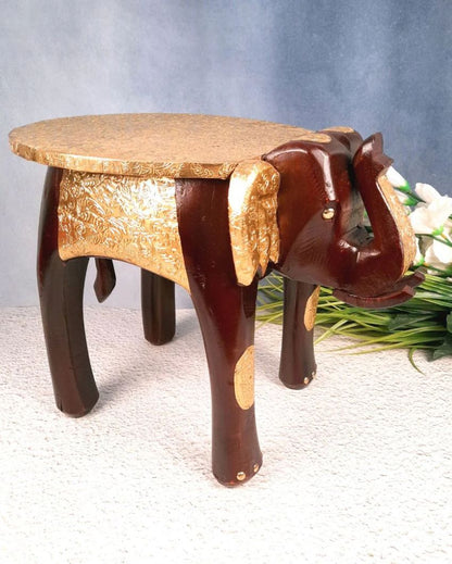 Decorative Wood Polished Wooden Hathi Brass Stool