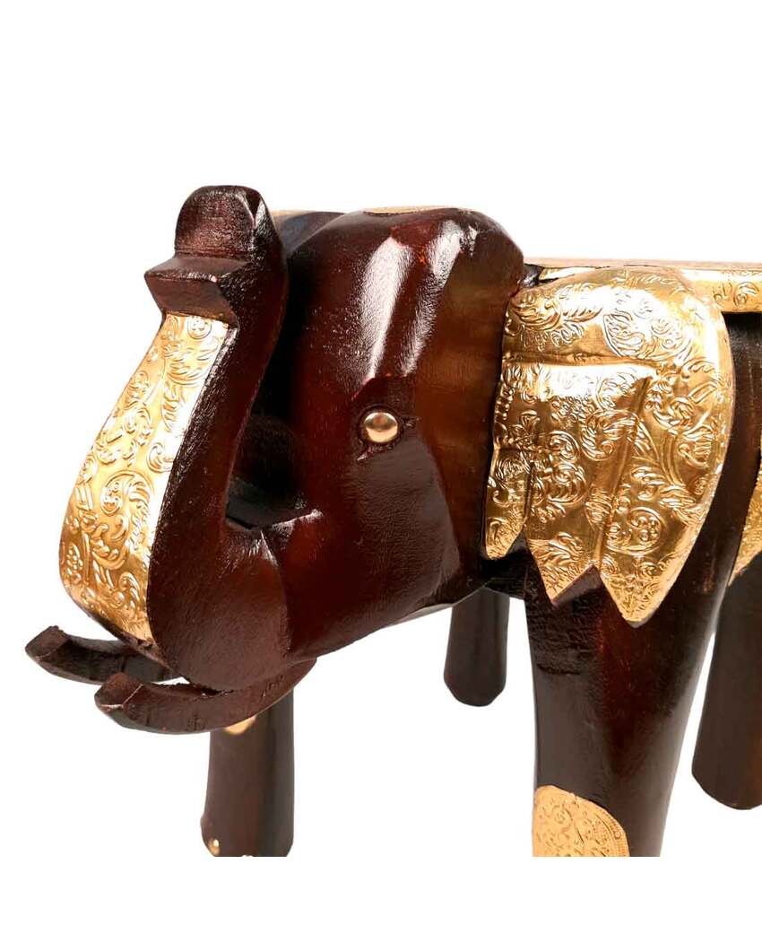 Decorative Wood Polished Wooden Hathi Brass Stool