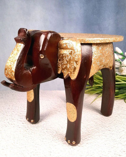 Decorative Wood Polished Wooden Hathi Brass Stool