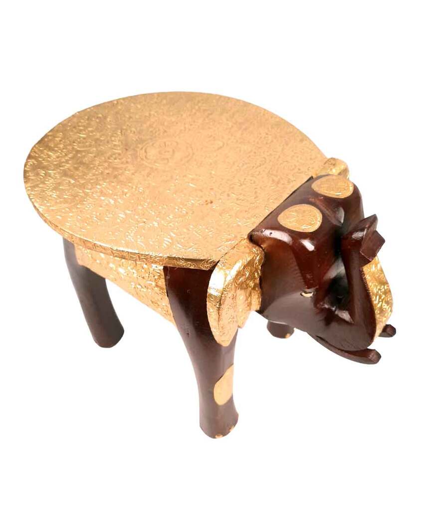 Decorative Wood Polished Wooden Hathi Brass Stool