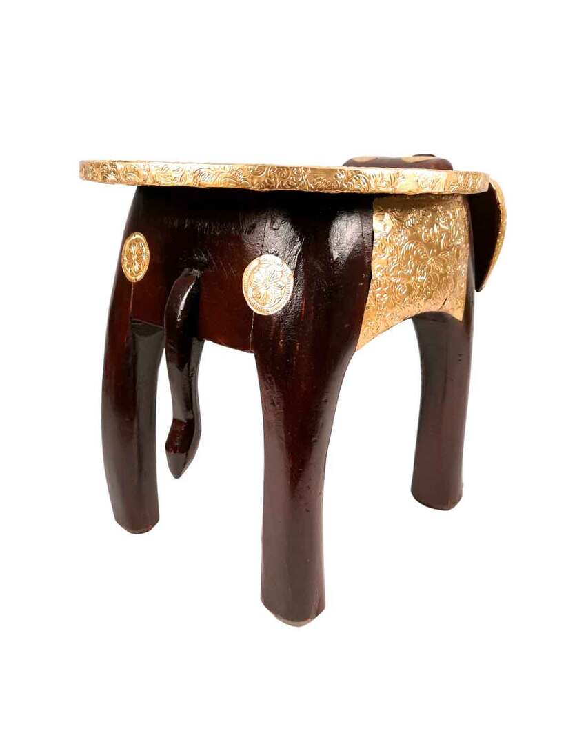 Decorative Wood Polished Wooden Hathi Brass Stool