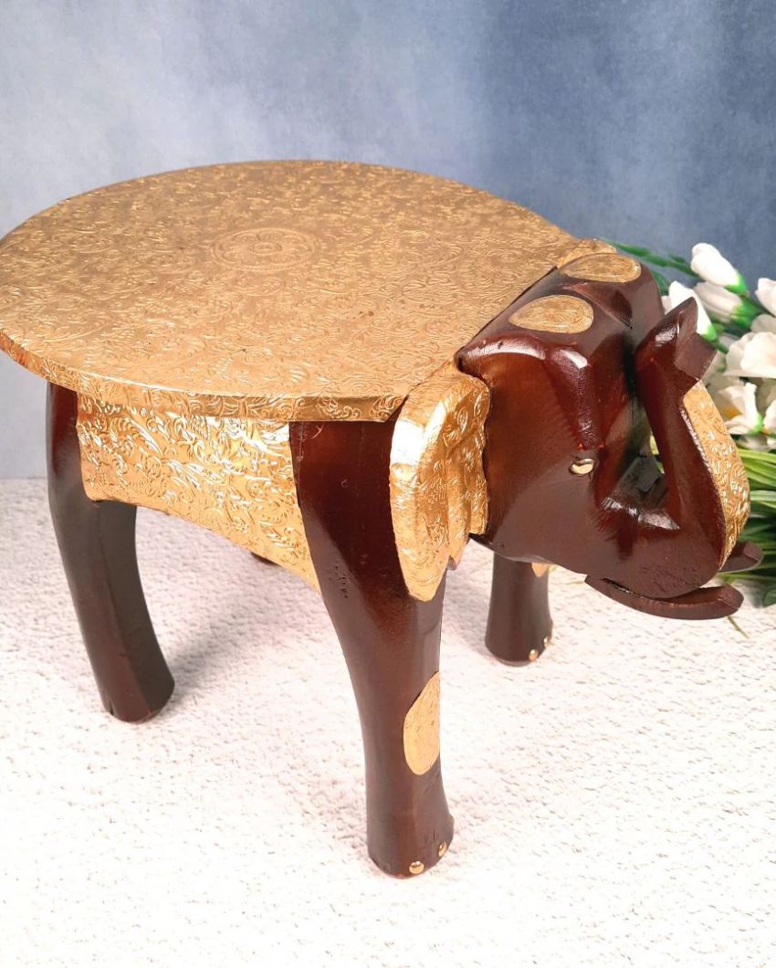 Decorative Wood Polished Wooden Hathi Brass Stool