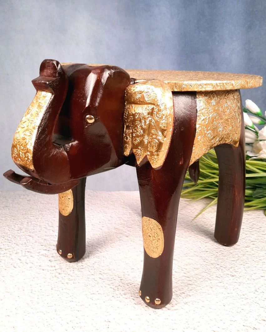 Decorative Wood Polished Wooden Hathi Brass Stool