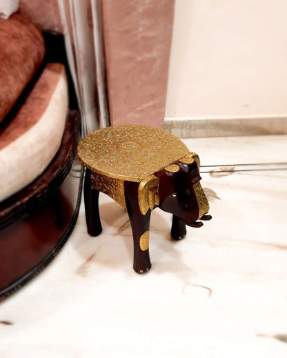 Decorative Wood Polished Wooden Hathi Brass Stool