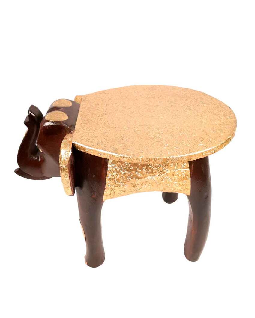 Decorative Wood Polished Wooden Hathi Brass Stool